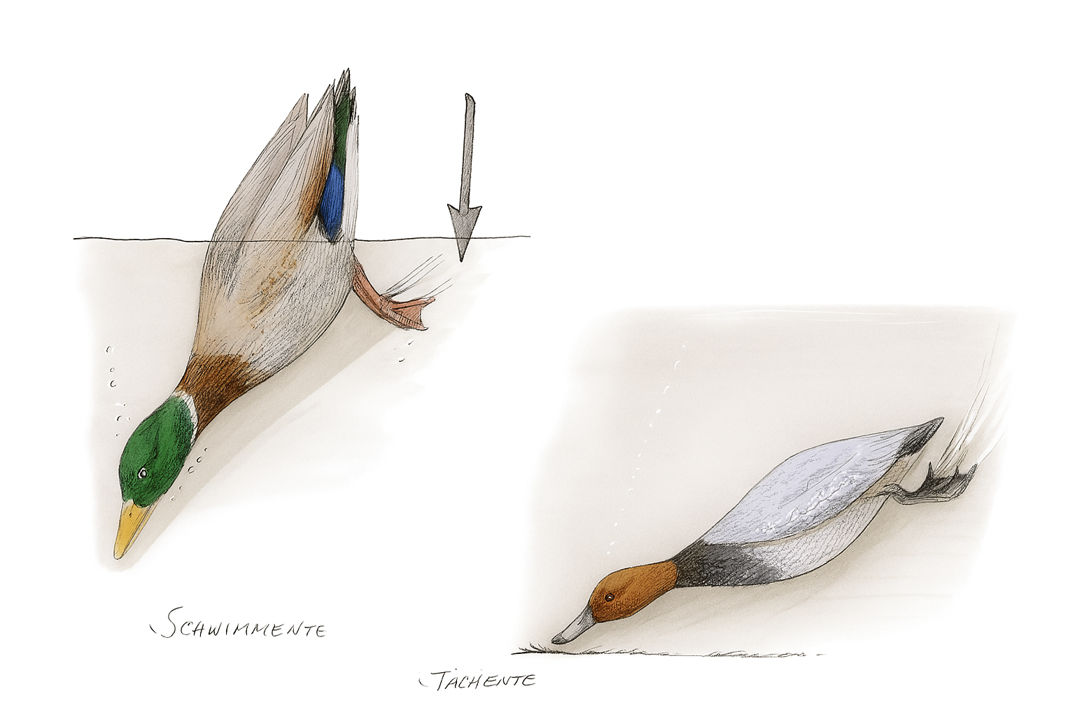 Schwimmenten gründeln, Tauchenten tauchen nach Nahrung