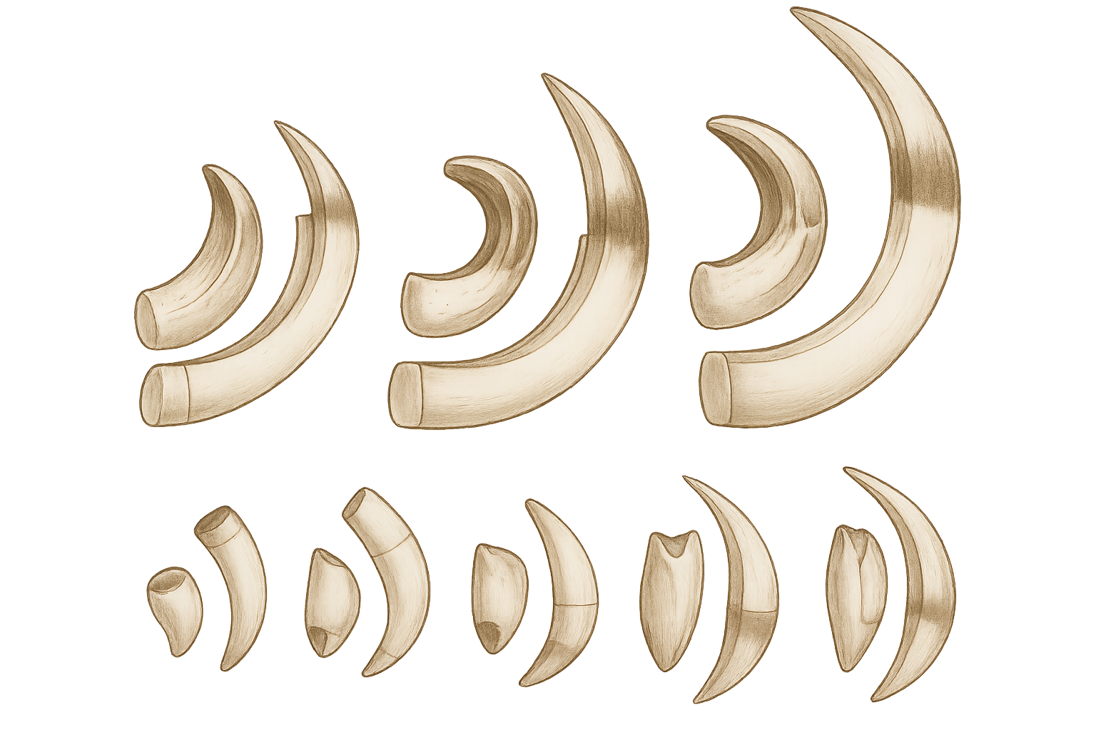 oben: Haderer und Gewehre eines Keiler von links nach rechts jung nach alt.<br>unten: Bachenhaken, mit zunehmender Alter wachsen sie hinten zu.