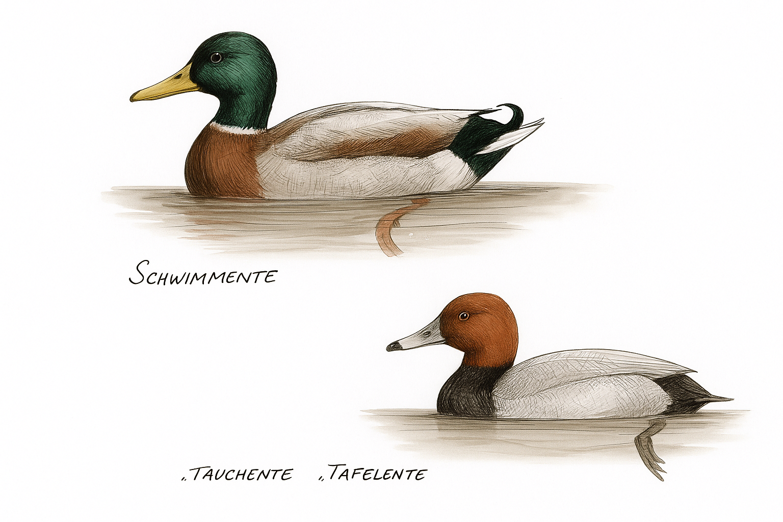 Schwimmenten liegen hoch im Wasser, Stoß gut sichtbar<br>Tauchenten liegen tief im Wasser, Stoß wassernah
