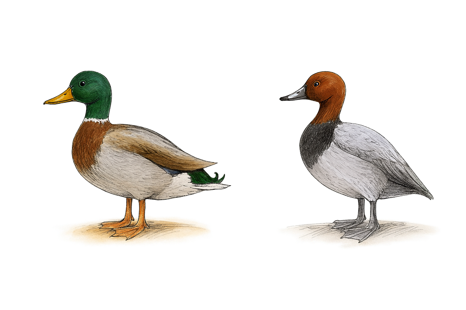 Schwimmenten am Land, Ständer unter der Körpermitte<br>Tauchenten am Land, schräge Haltung, Ständer im hinteren Körperbereich 