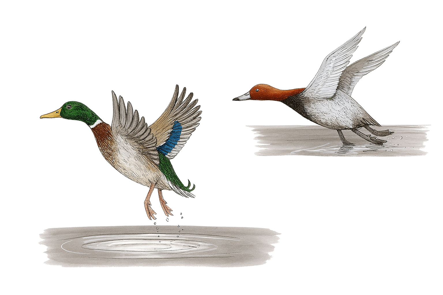 Schwimmenten starten senkrecht vom Wasser<br>Tauchenten benötigen Anlauf um zu starten 